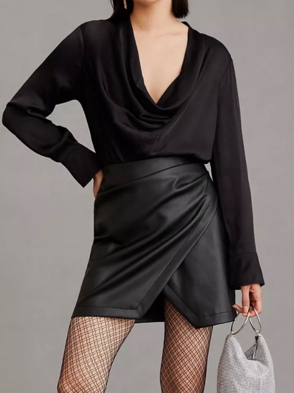 NWT Anthropologie Maeve Plunge Black Faux Leather Wrap Mini Dress 4